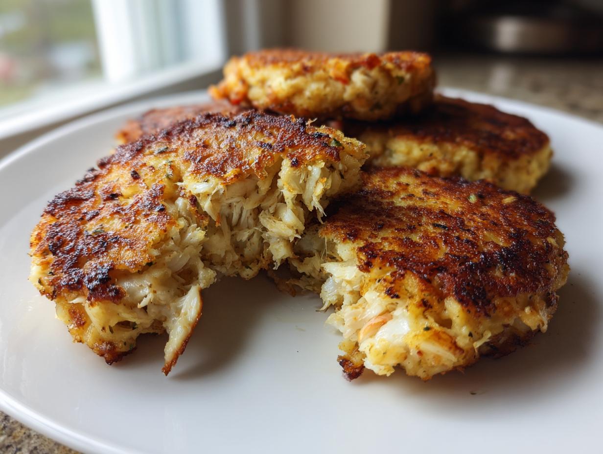 Close-up of golden-brown crab cakes on a white plate, one is broken open revealing flaky crab meat.
