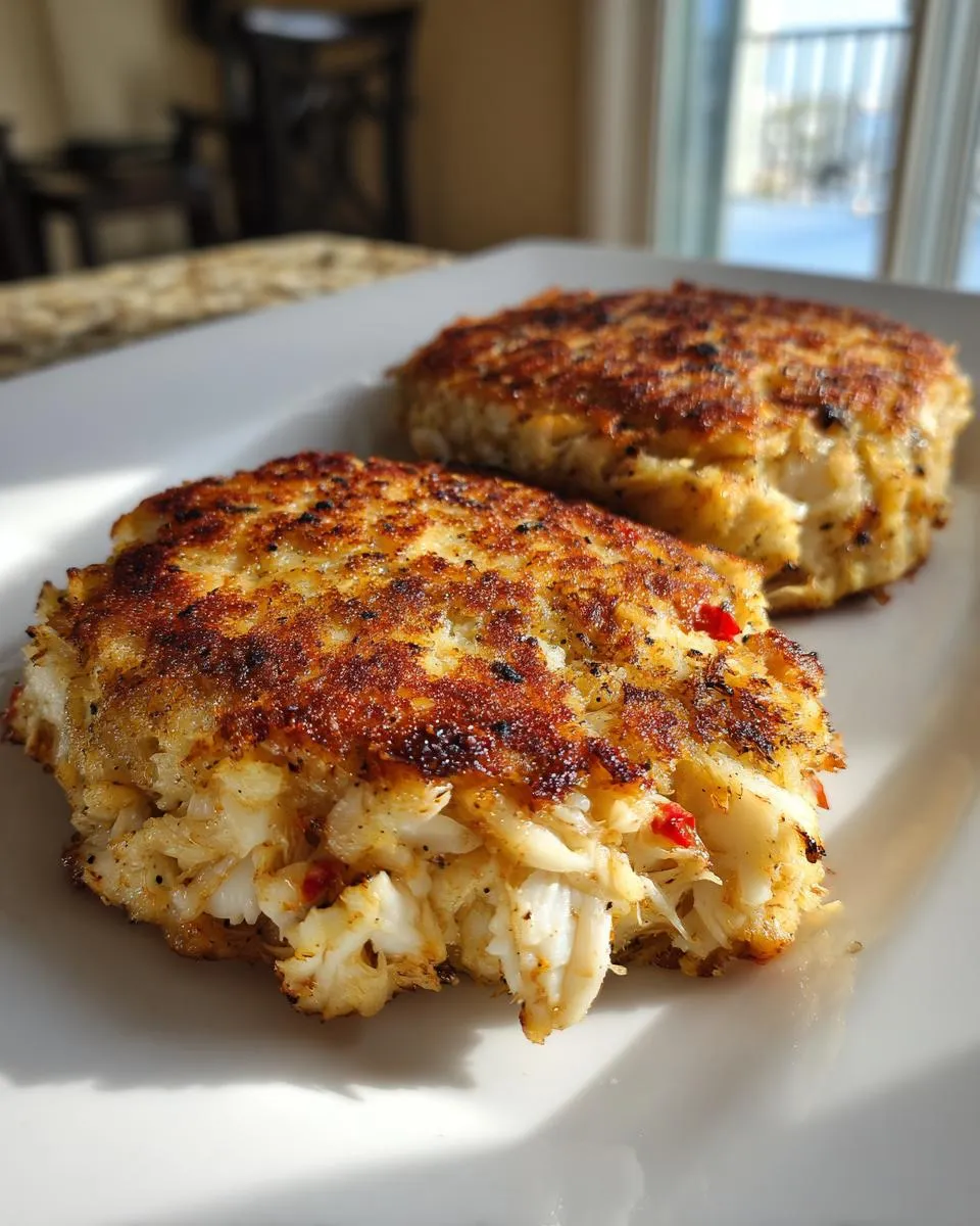Two golden-brown, pan-fried crab cakes on a white plate, showcasing flaky crab meat and a crispy exterior.