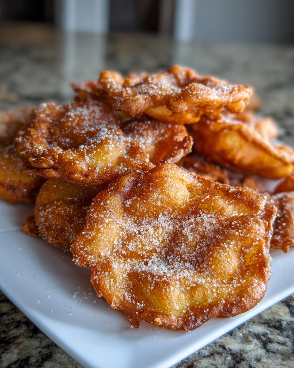 Close-up of a stack of golden brown, crispy Buñuelos generously sprinkled with granulated sugar.