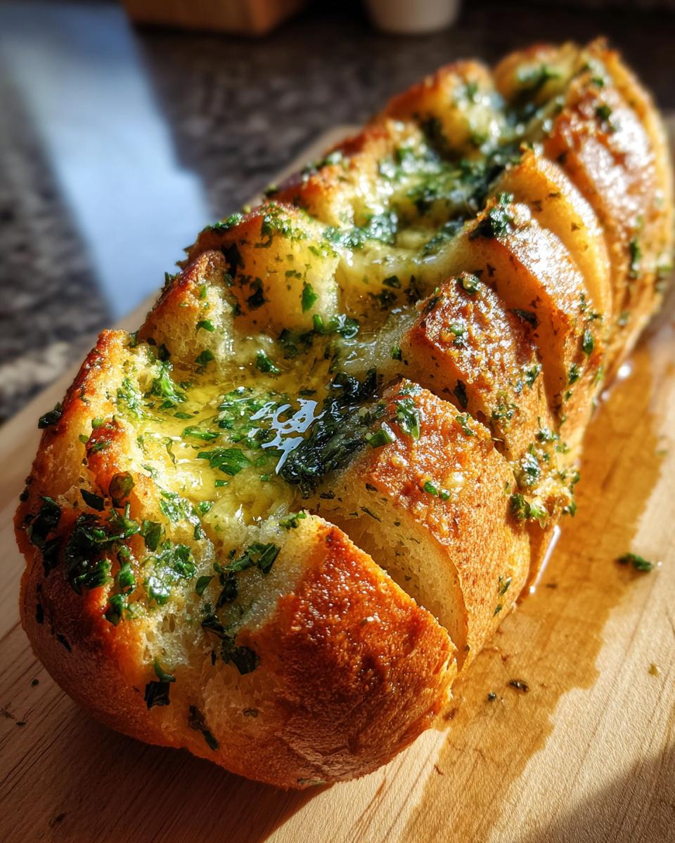 Close-up of a golden-brown loaf of garlic bread, sliced and topped with melted butter and fresh parsley.