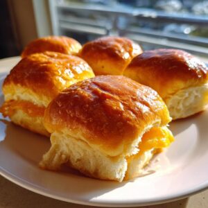 Four golden brown ham sliders with melted cheese filling resting on a white plate near a window.