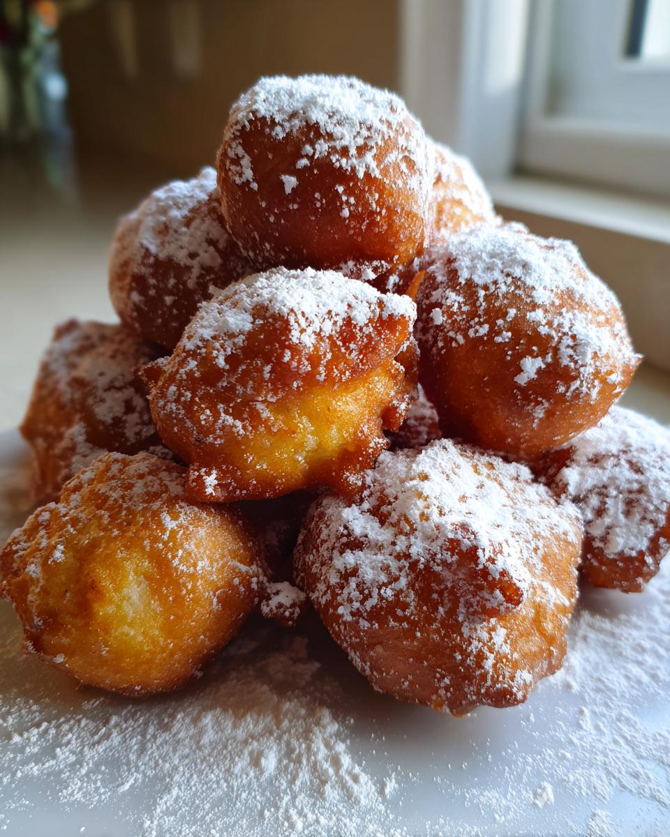 A close-up stack of freshly fried Oliebollen generously dusted with white powdered sugar.