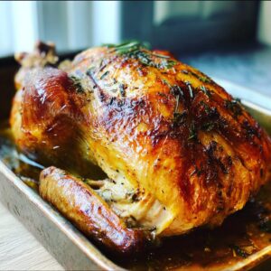 A perfectly golden-brown roast turkey seasoned with herbs, resting in a roasting pan.