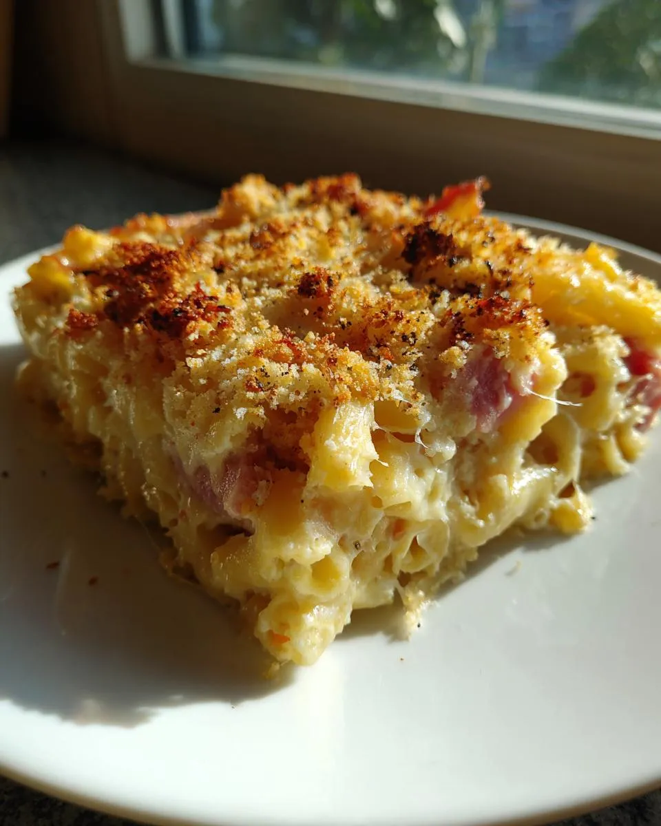 A square slice of creamy Ham and Cheese Casserole featuring macaroni pasta, ham pieces, and a golden brown, crispy breadcrumb topping.