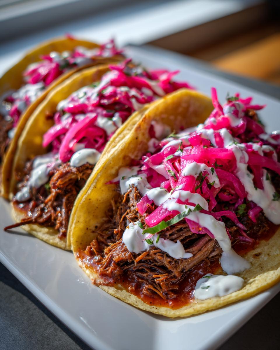 Three delicious Hanukkah brisket tacos filled with shredded meat, bright pink pickled onions, and white crema sauce.