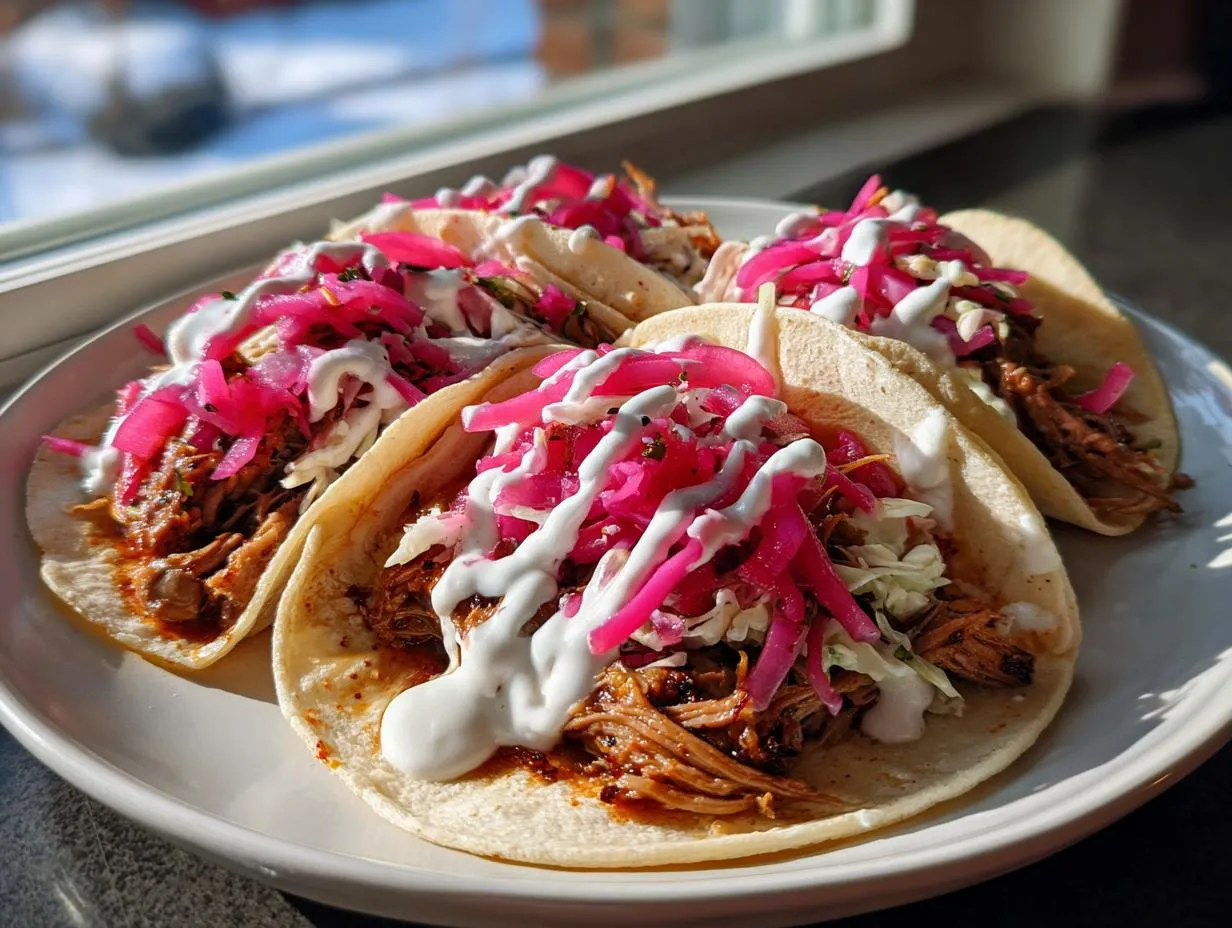 Four soft tortilla Hanukkah brisket tacos loaded with shredded meat, slaw, bright pink pickled onions, and white crema.