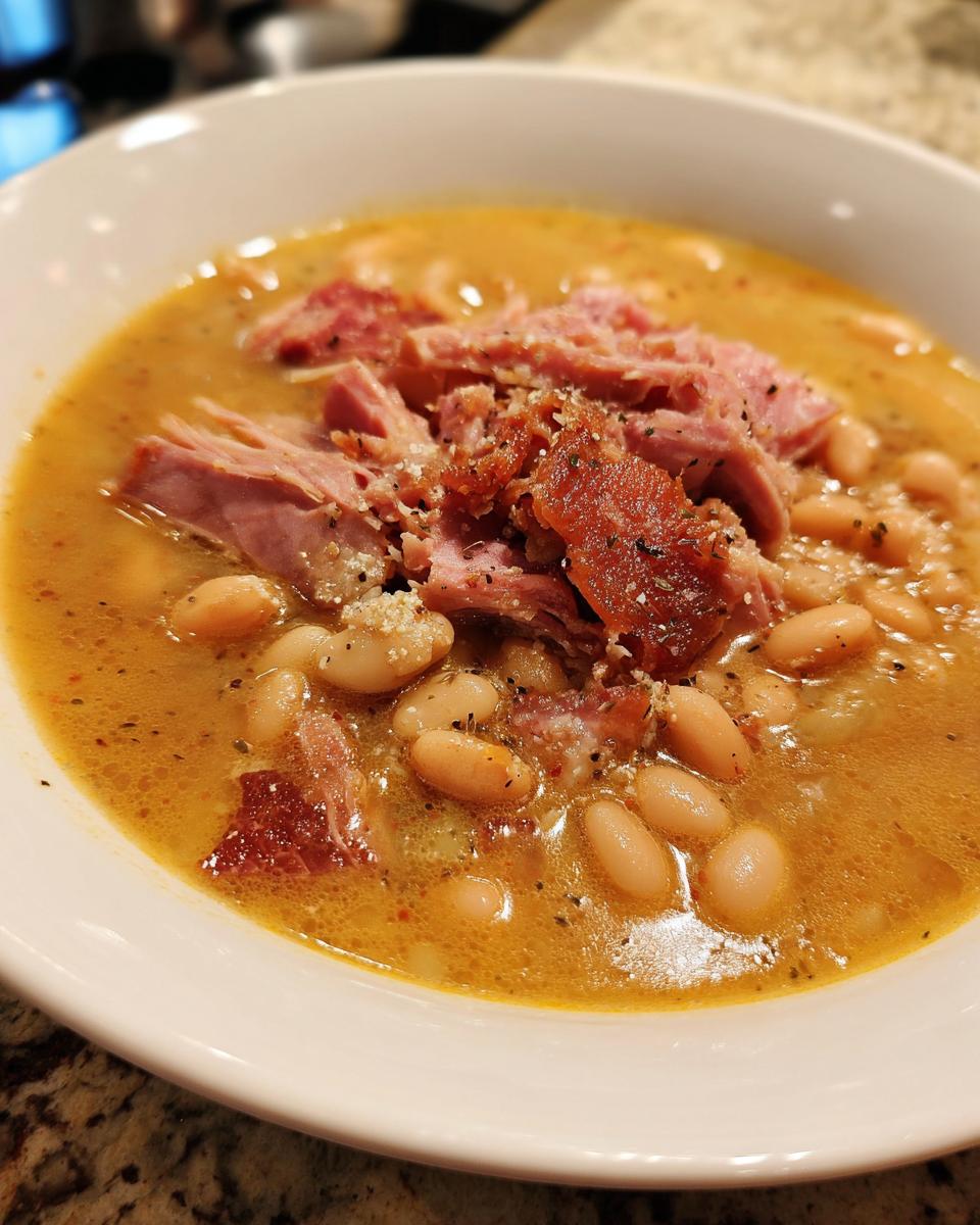 Close-up of a white bowl filled with rich Ham and bean soup, topped with shredded ham and cracked black pepper.