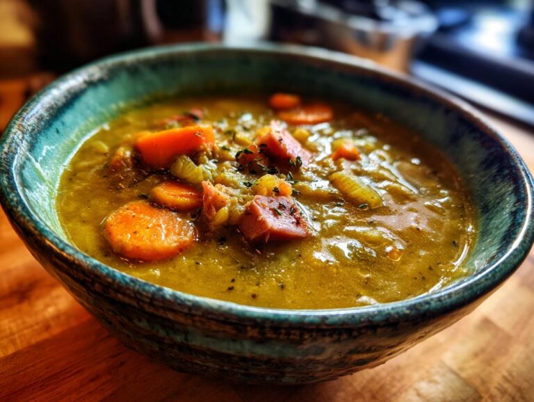 A close-up of a steaming bowl of hearty split pea soup, featuring tender peas, carrots, celery, and chunks of ham.