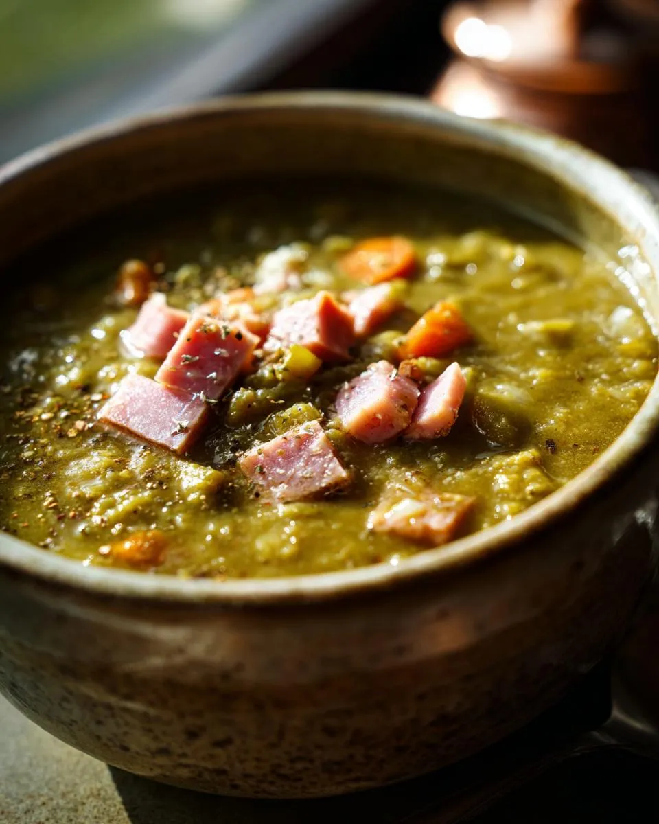 A close-up of a rustic bowl filled with hearty split pea soup, topped with diced ham and carrots.
