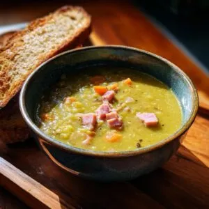 A close-up of a bowl of hearty split pea soup topped with diced ham and served with a slice of toasted bread.