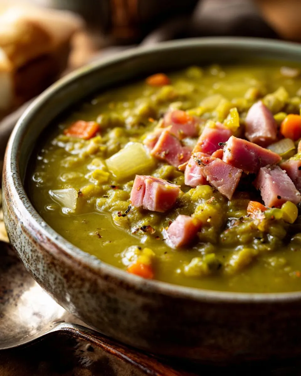 Close-up of a bowl of hearty split pea soup topped with diced ham and vegetables.