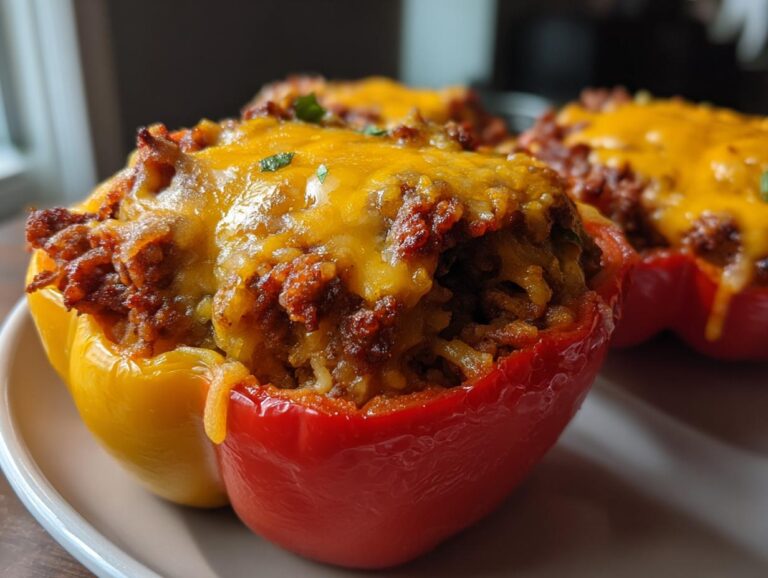 Close-up of two hearty stuffed peppers, one red and one yellow, filled with a savory mixture and topped with melted cheddar cheese.