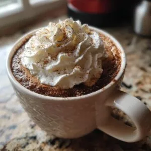 Close-up of a delicious holiday mug cake topped with whipped cream and a sprinkle of cinnamon.