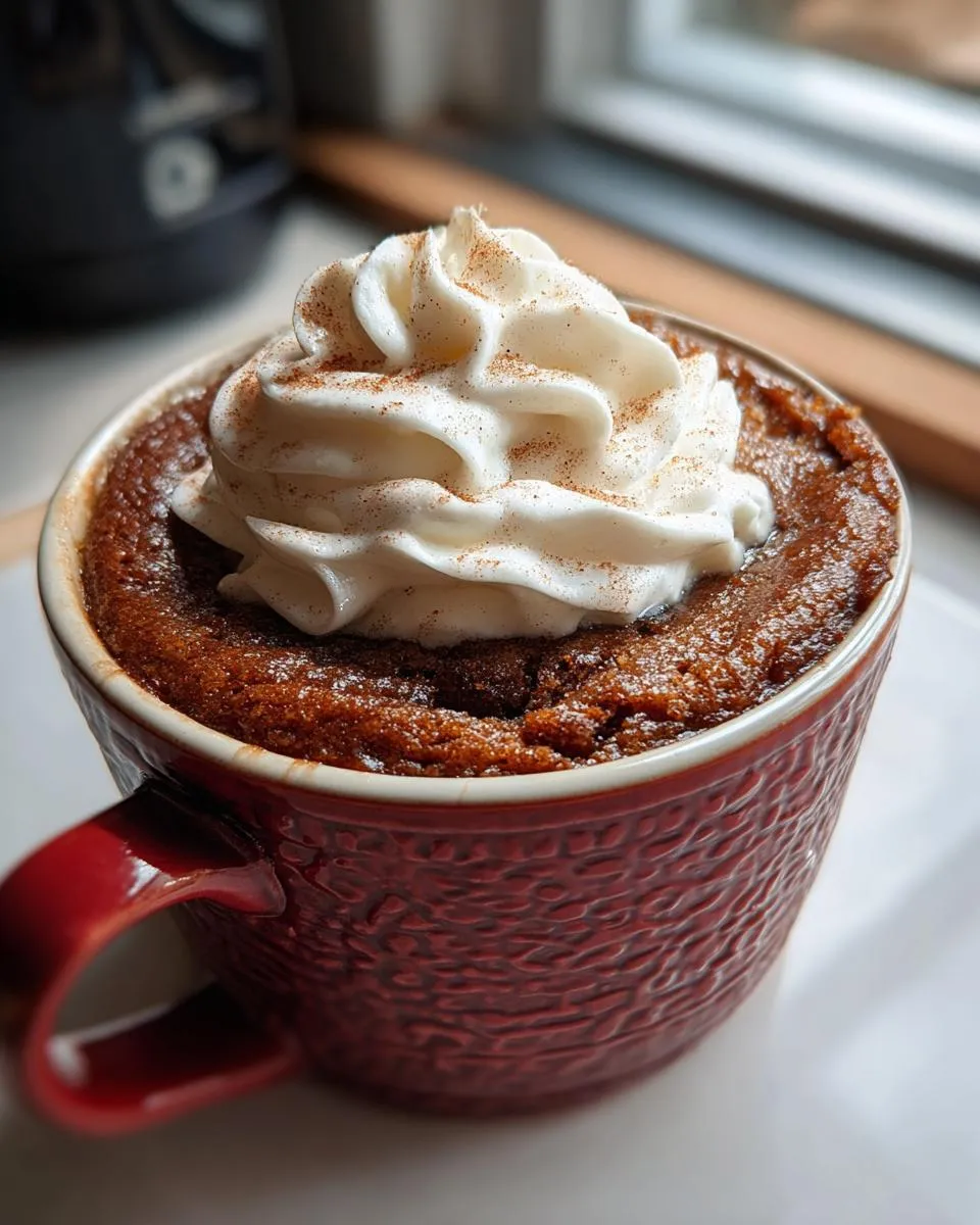 Close-up of a festive holiday mug cake topped with whipped cream and a sprinkle of cinnamon.