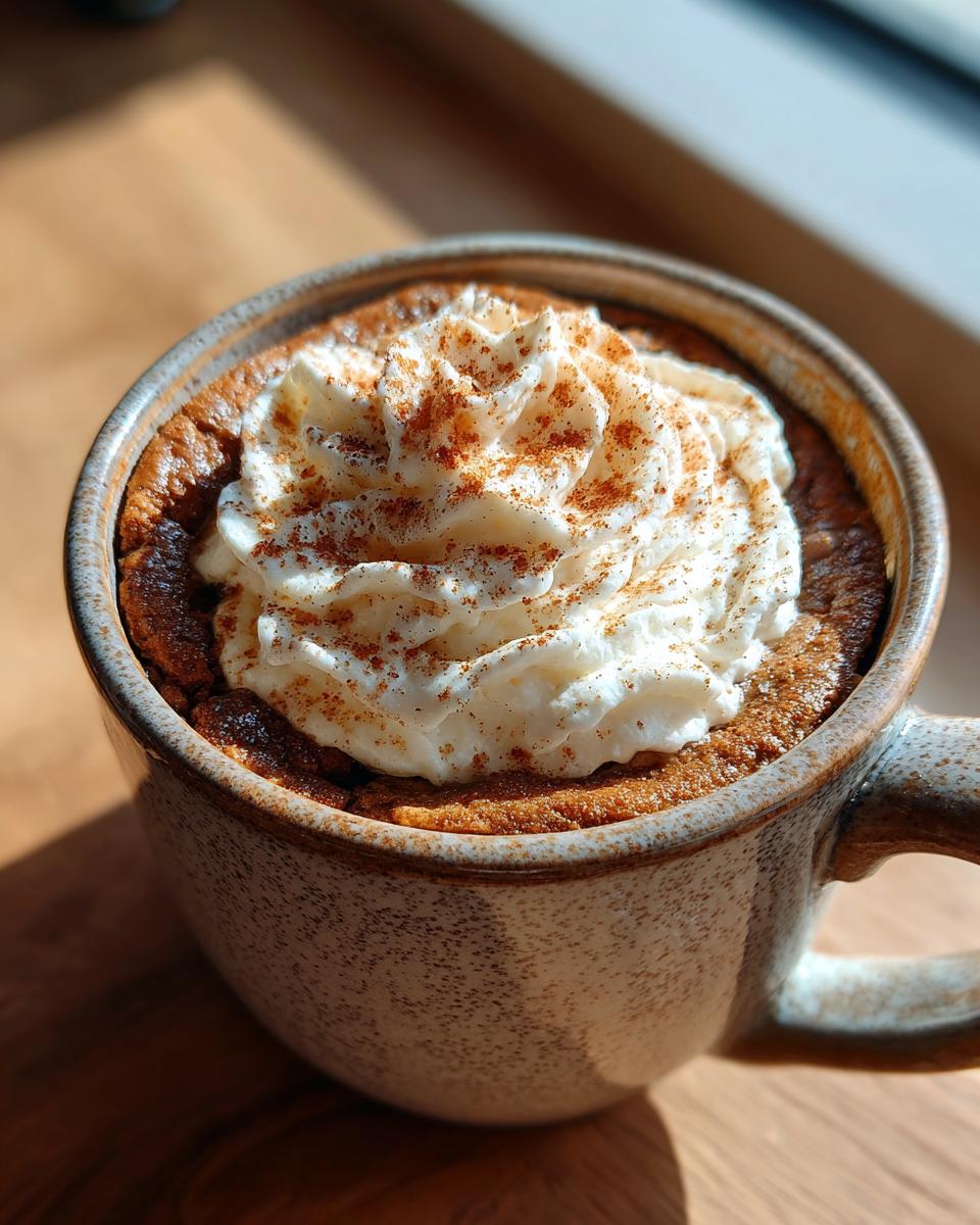 Close-up of a delicious holiday mug cake topped with whipped cream and a sprinkle of cinnamon.