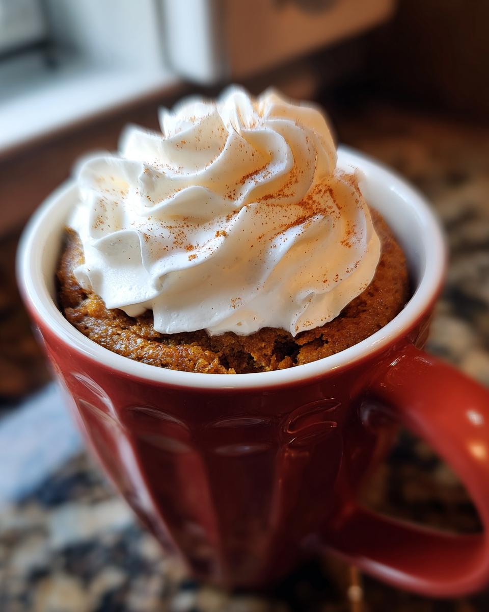 Close-up of a delicious holiday mug cake topped with whipped cream and a sprinkle of cinnamon.