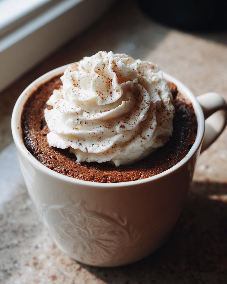 A delicious holiday mug cake topped with whipped cream and a sprinkle of cinnamon.