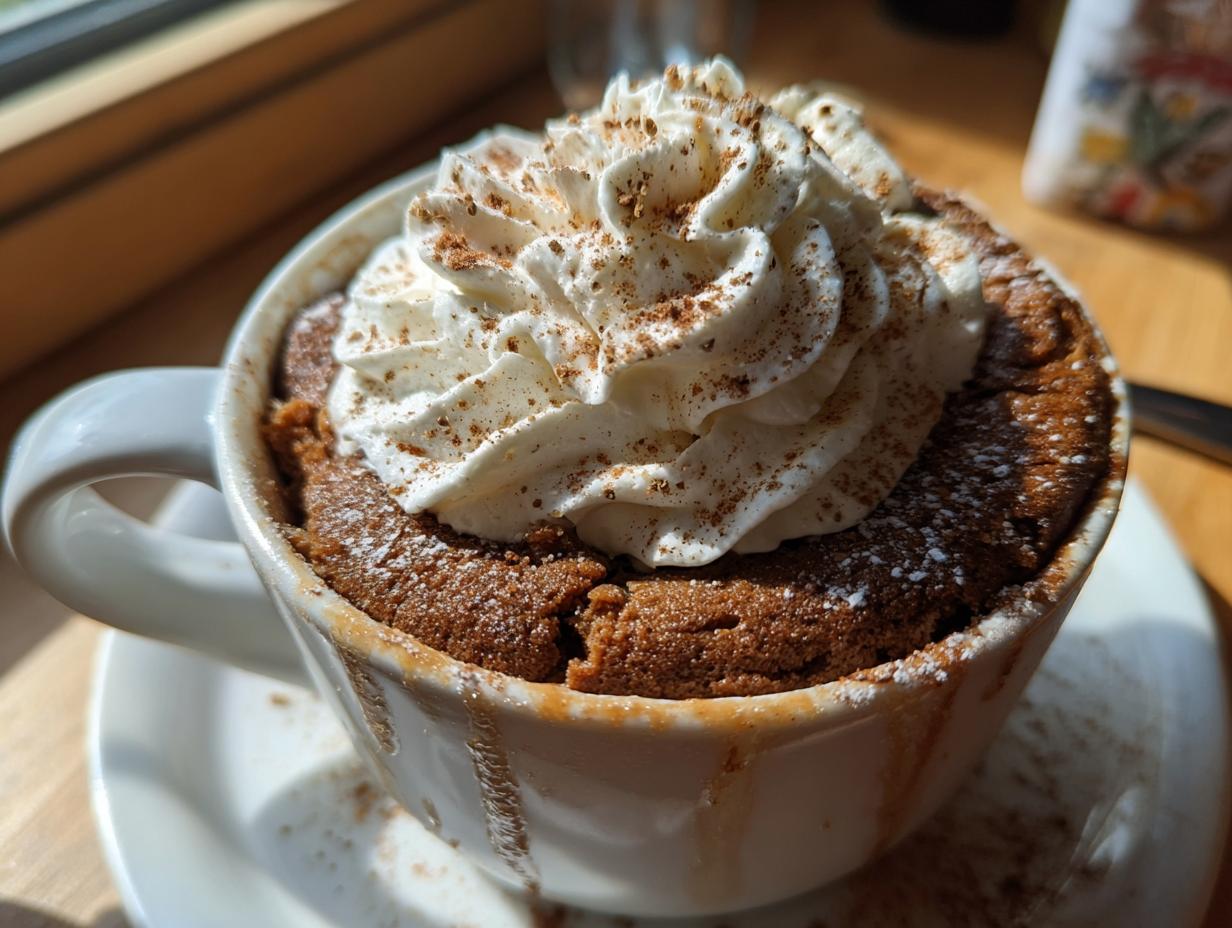 A warm, freshly baked holiday mug cake topped with fluffy whipped cream and a sprinkle of cinnamon.
