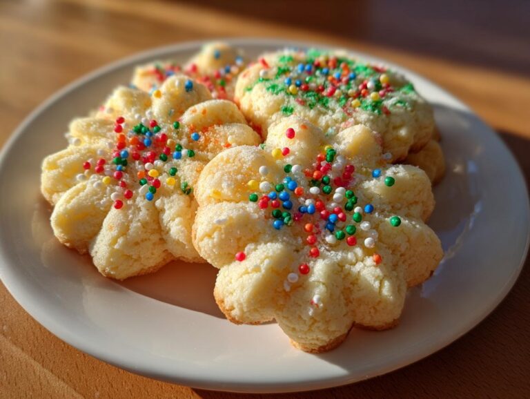Close-up of buttery, flower-shaped Holiday spritz cookies topped with colorful nonpareil sprinkles on a white plate.