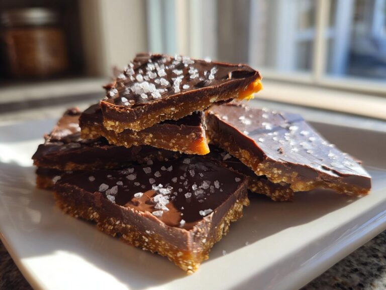 Close-up of stacked pieces of homemade Christmas crack topped with flaky sea salt.