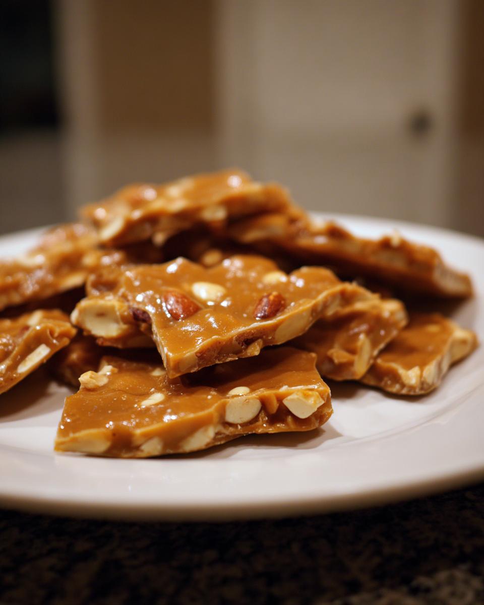 A close-up of broken pieces of homemade peanut brittle on a white plate, showcasing crunchy peanuts embedded in golden caramel.