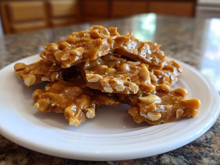 A close-up of a pile of golden-brown peanut brittle pieces on a white plate.