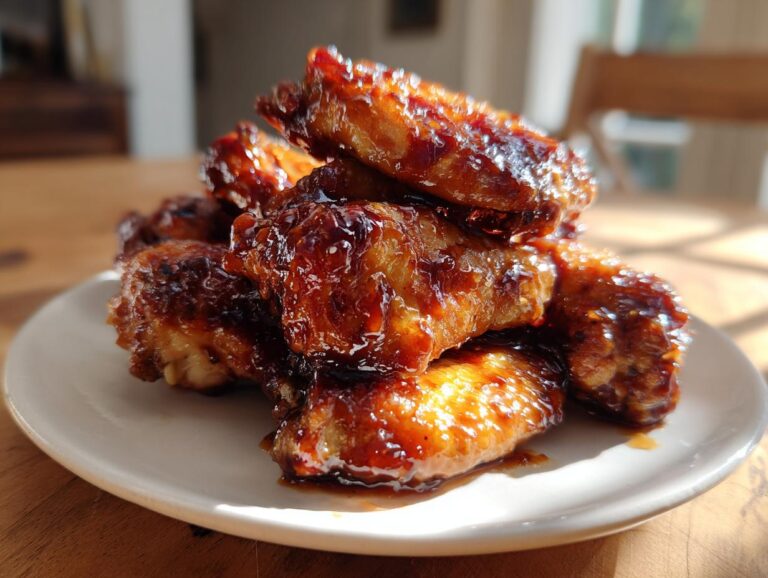 A close-up stack of glistening, sticky Honey BBQ chicken wings coated in a rich, dark sauce on a white plate.