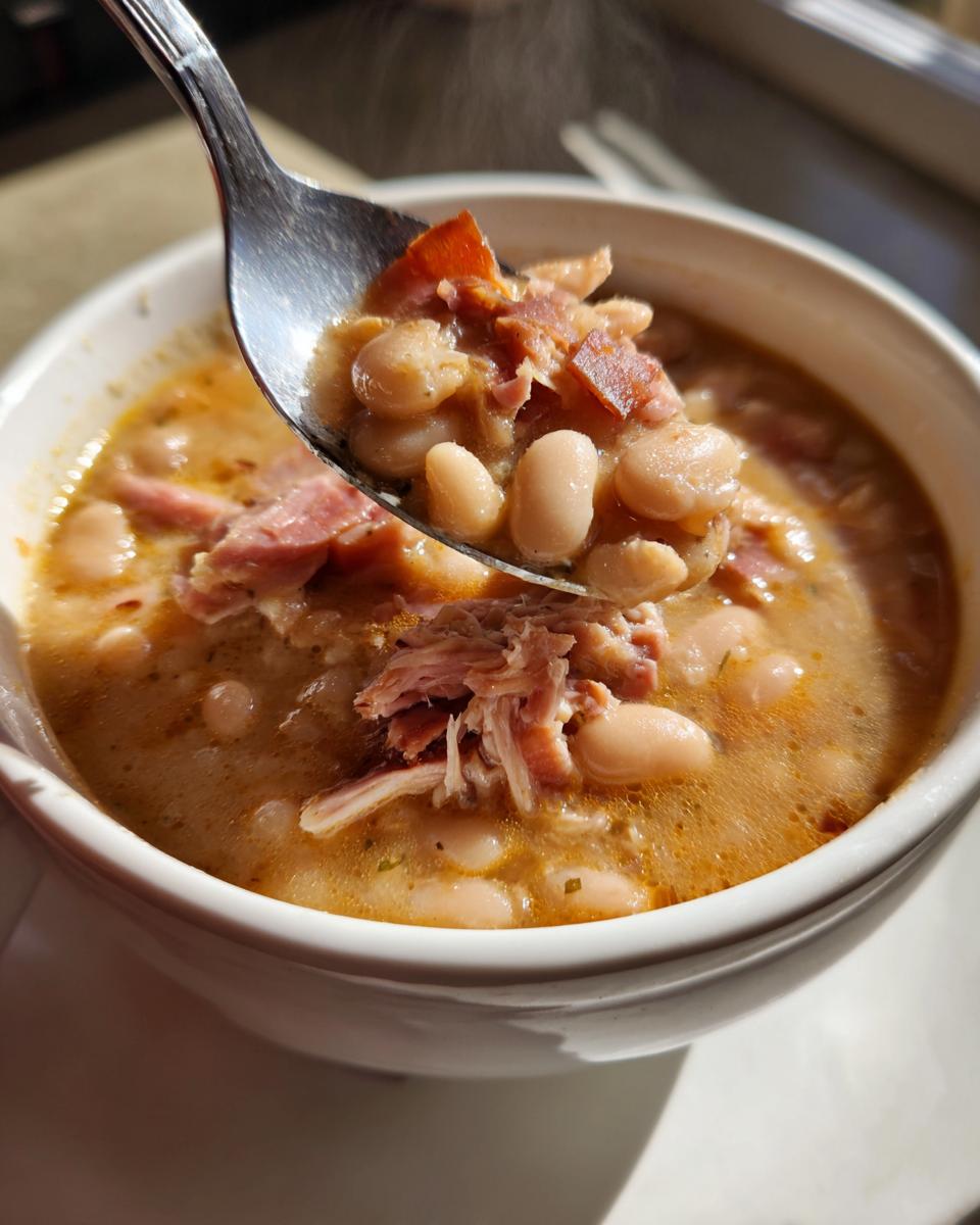 A spoonful of hot ham and bean soup, showing white beans and shredded ham, lifted from a white bowl.