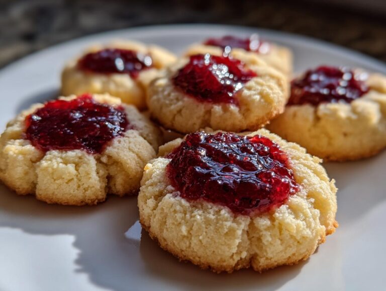 A close-up photo of several golden Jam thumbprint cookies topped with glistening red raspberry jam, resting on a white plate.