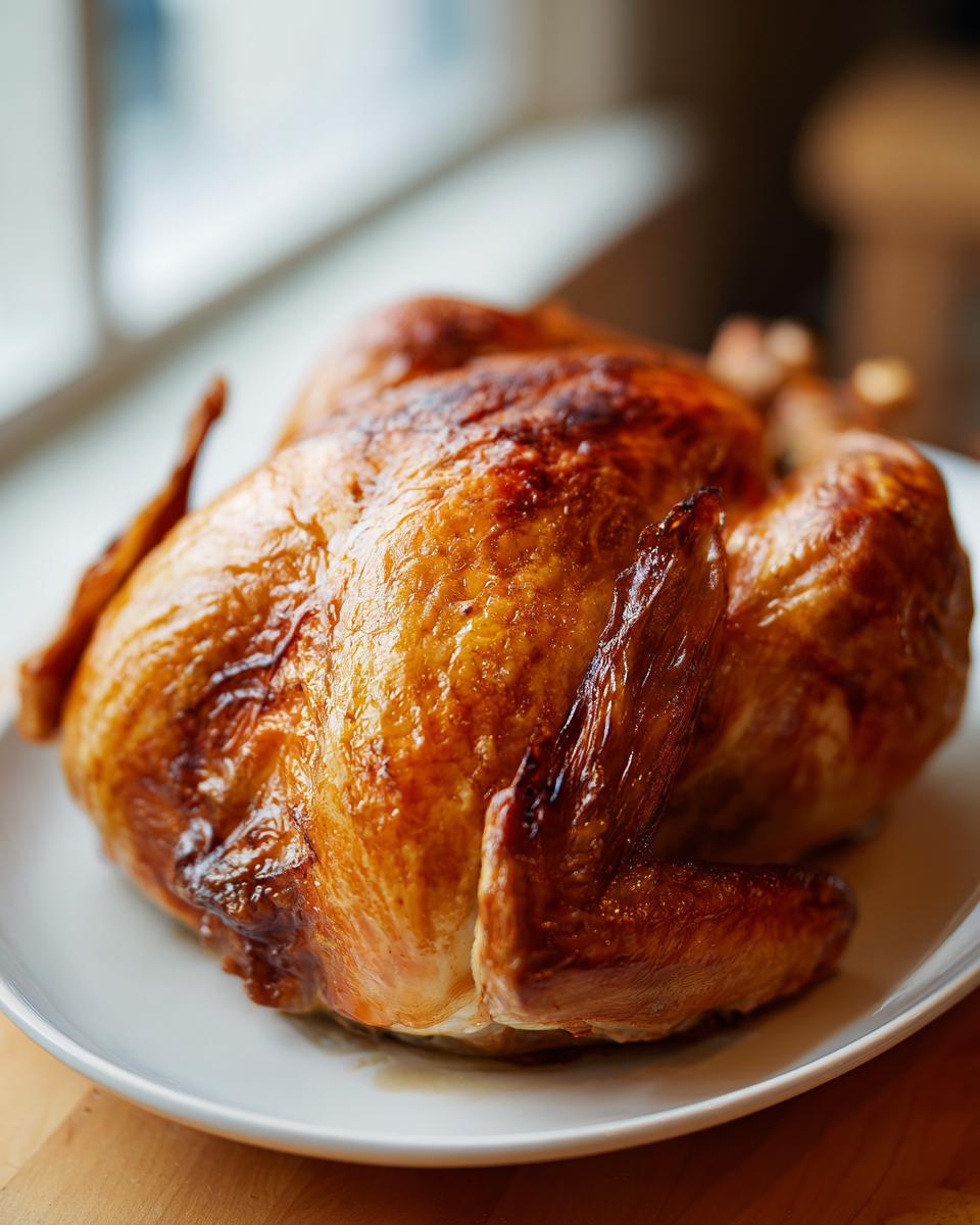 A perfectly roasted, golden-brown turkey on a white plate, showcasing the results of a turkey brine.