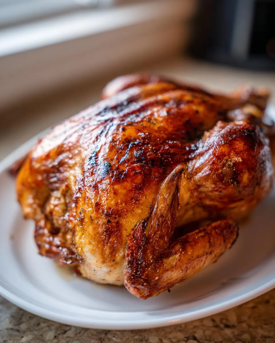 A perfectly roasted, golden-brown turkey on a white plate, showcasing the results of a turkey brine.