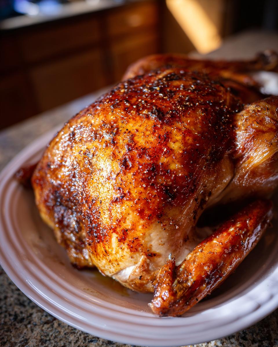 A perfectly roasted, golden-brown turkey, glistening and seasoned, ready to be served after using the turkey brine.