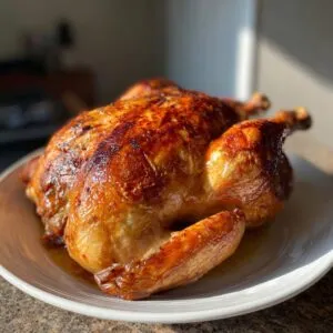 A golden-brown, juicy turkey, prepared with turkey brine, resting on a white plate.