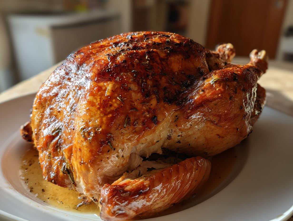 A golden-brown, juicy roasted turkey, glistening with juices and herbs, prepared using the turkey brine method.
