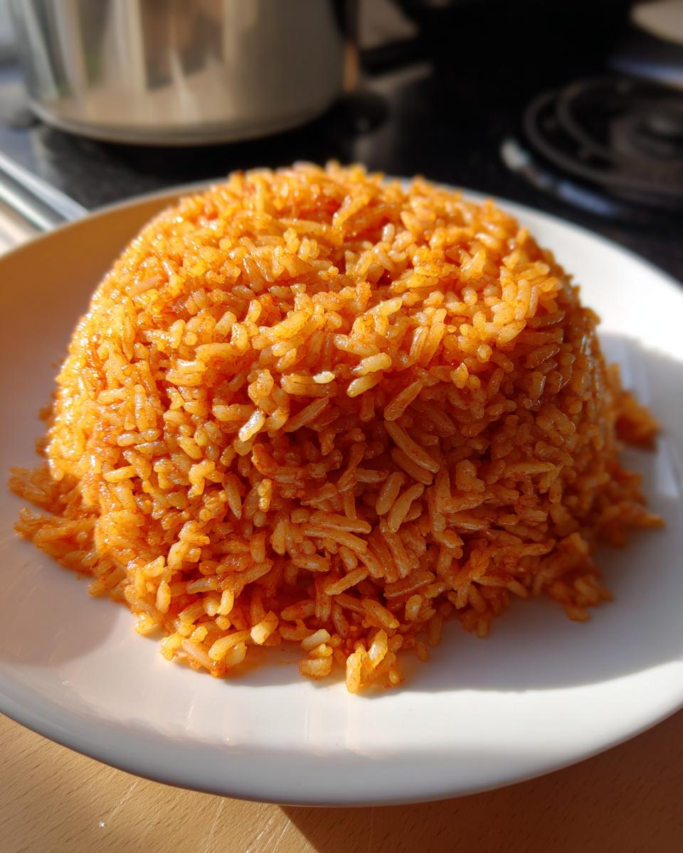 A mound of vibrant orange Kwanzaa Jollof rice served on a white plate, ready to eat.