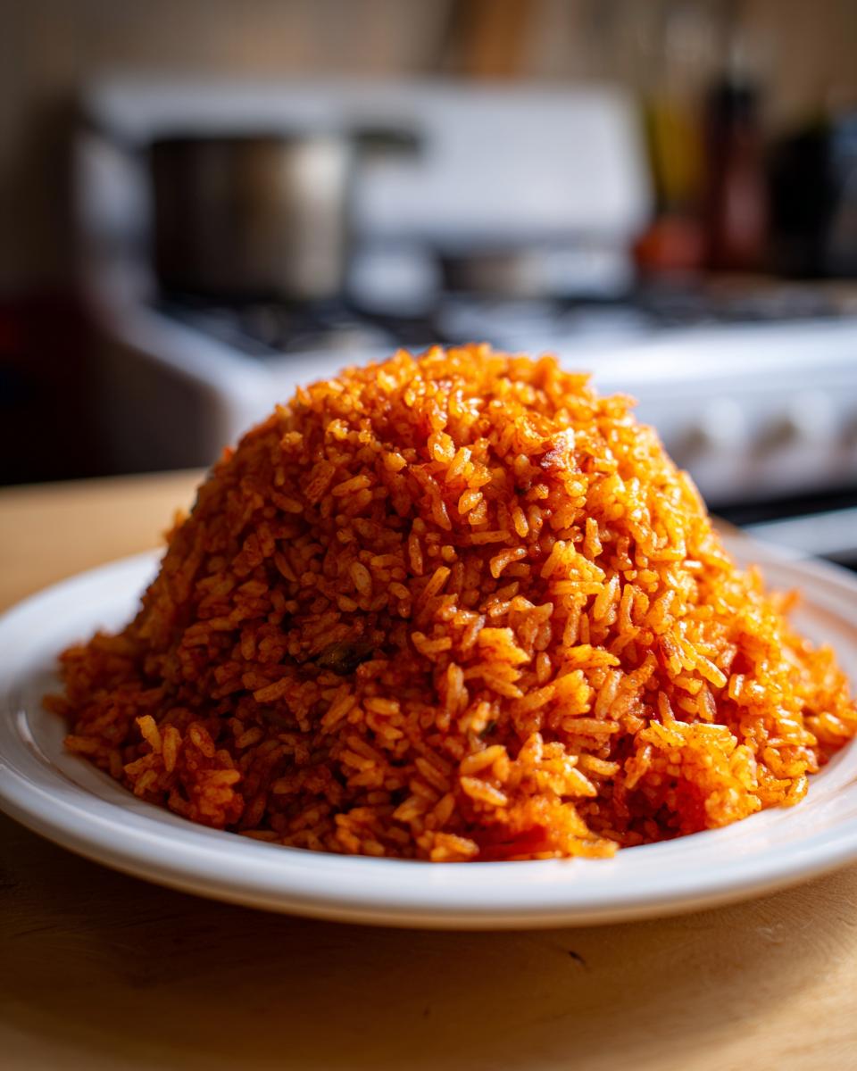 A perfectly molded mound of vibrant red Kwanzaa Jollof rice served on a white plate, with a kitchen background.
