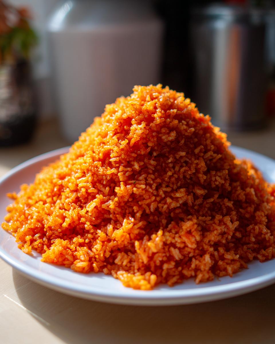 A large, vibrant mound of bright orange Kwanzaa Jollof rice piled high on a white plate.