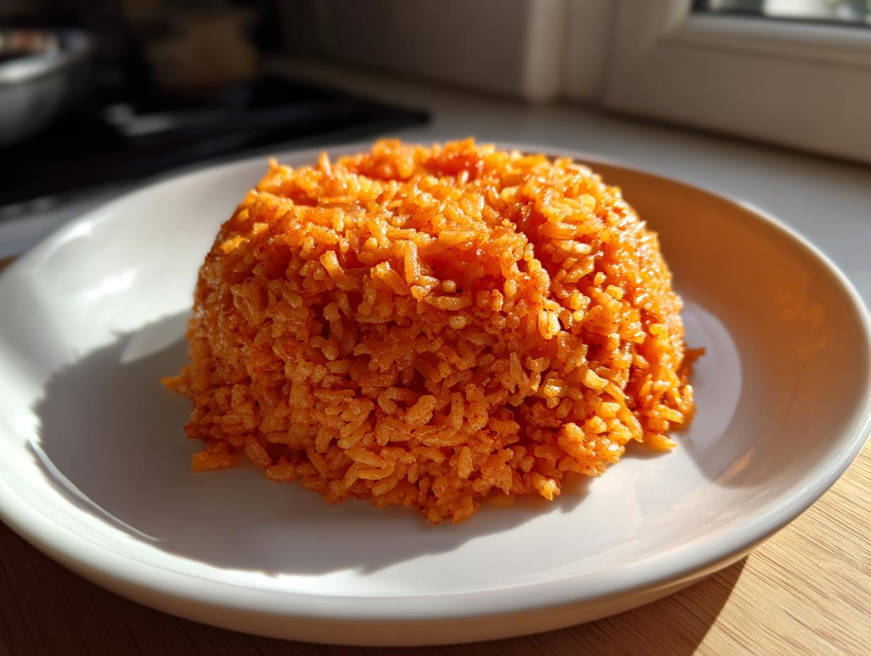 A perfect mound of vibrant orange Kwanzaa Jollof rice served on a white plate, illuminated by natural sunlight.