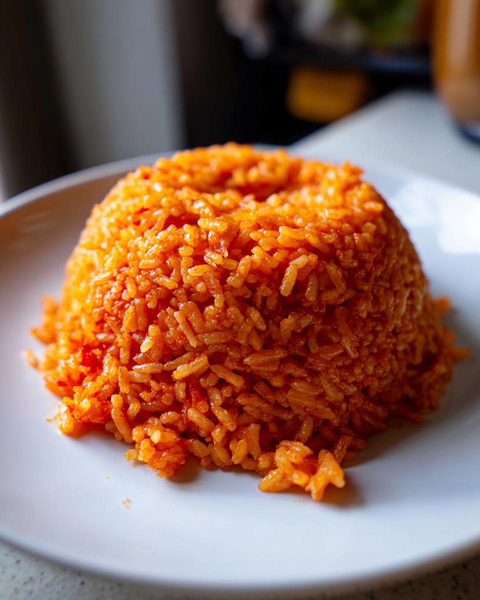 A close-up of vibrant orange Kwanzaa Jollof rice molded into a dome shape on a white plate.