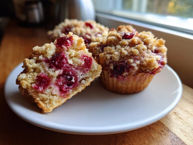 A close-up of leftover cranberry sauce muffins, one cut in half showing bright red cranberries inside the crumb.