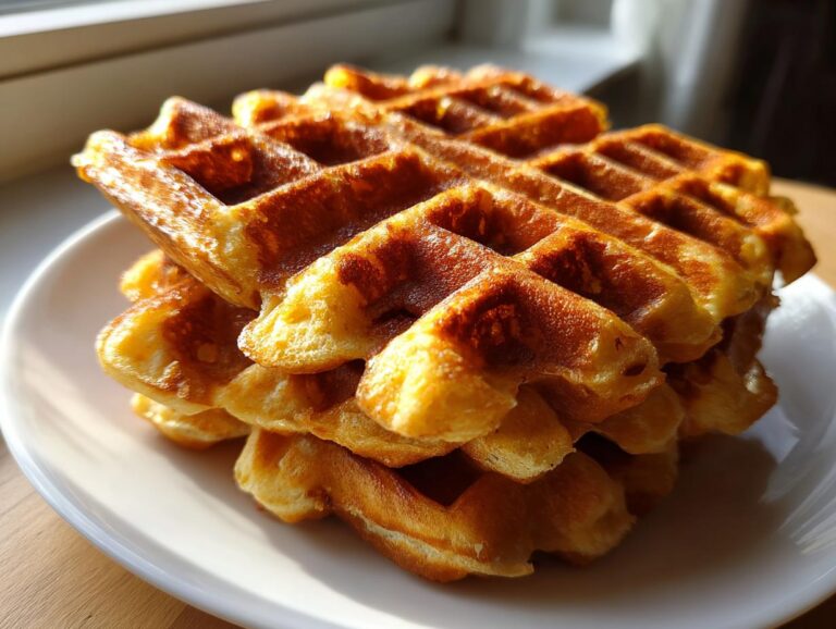 A close-up stack of golden brown, crispy leftover stuffing waffles served on a white plate.
