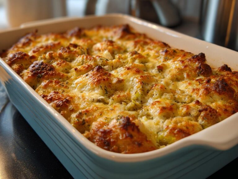 Close-up of a golden-brown leftover turkey casserole with melted cheese and herbs in a baking dish.