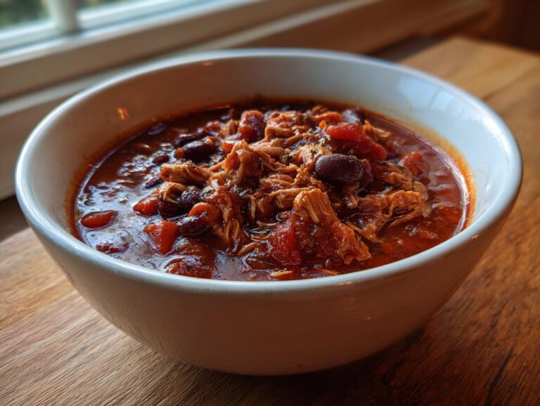 A close-up of a white bowl filled with rich, red leftover turkey chili, featuring shredded turkey and kidney beans.
