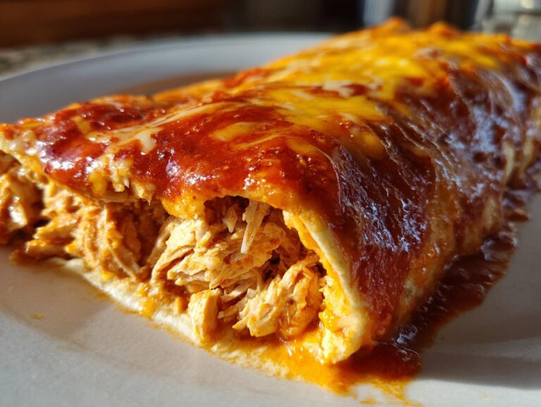 A close-up view of a delicious leftover turkey enchiladas, showing shredded turkey filling and melted cheese under rich red sauce.