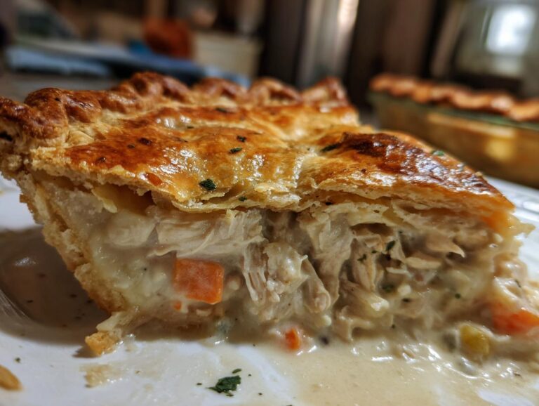 Close-up of a slice of leftover turkey pot pie showing creamy filling, shredded turkey, carrots, and a golden, flaky crust.