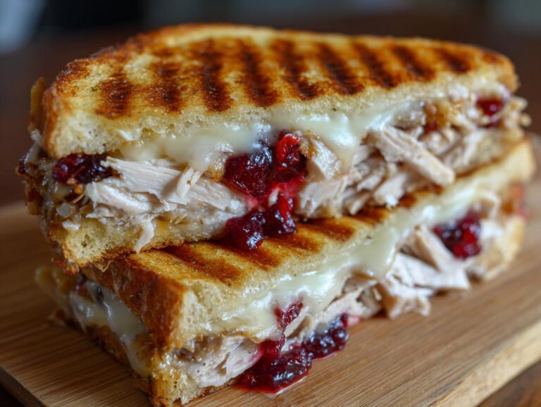 A close-up of a grilled leftover turkey sandwich generously filled with shredded turkey, melted cheese, and cranberry sauce.