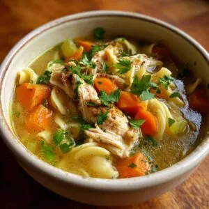 A close-up of a bowl of leftover turkey soup, featuring shredded turkey, pasta noodles, carrots, and parsley.