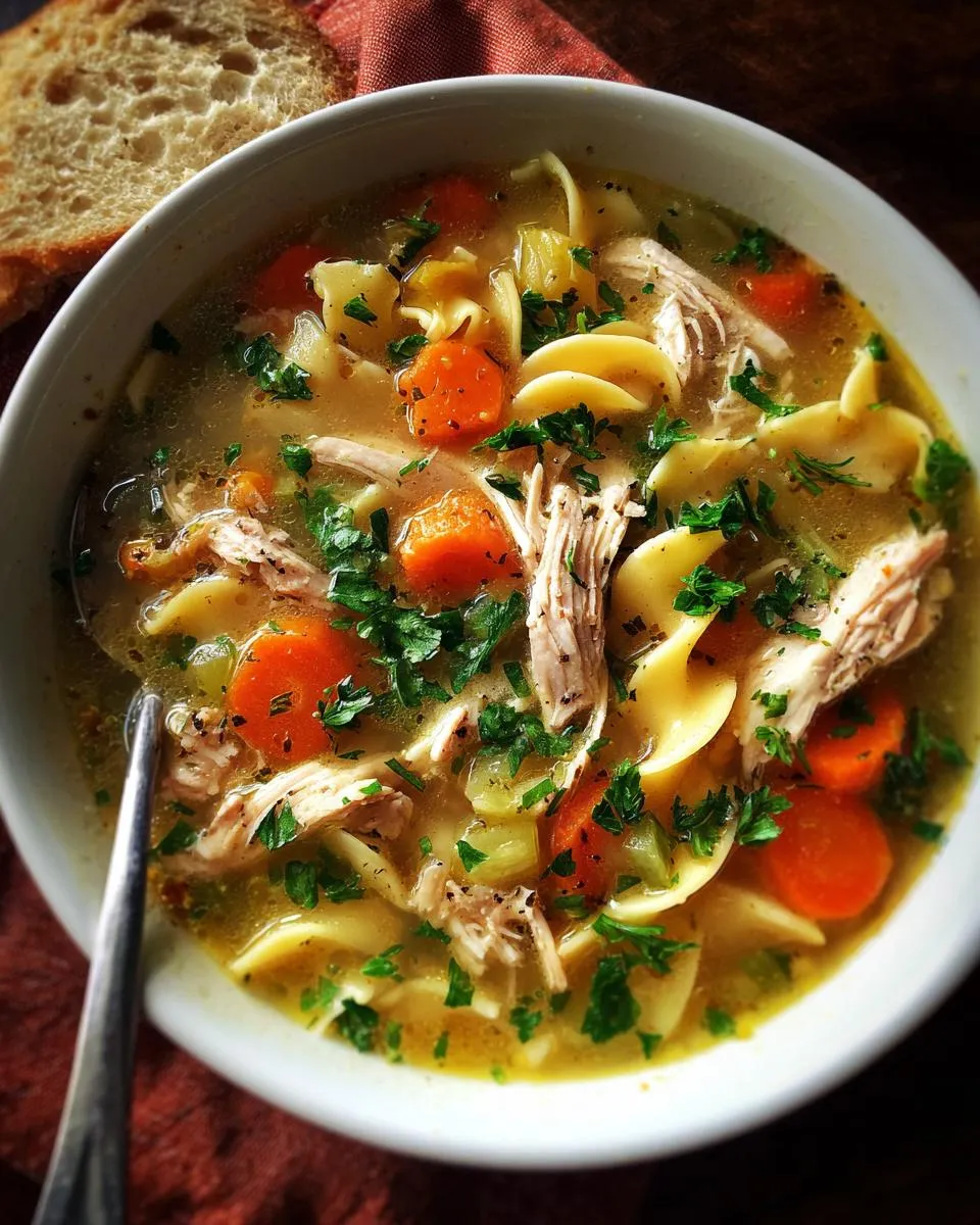 A close-up of a bowl of comforting leftover turkey soup, featuring shredded turkey, egg noodles, carrots, and parsley.
