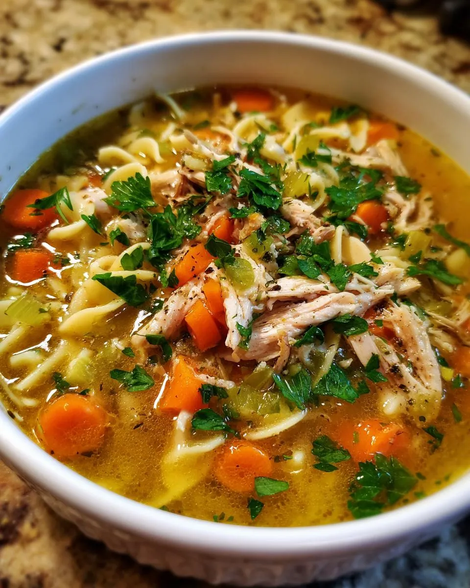 A close-up of a comforting bowl of leftover turkey soup, featuring shredded turkey, noodles, carrots, celery, and fresh parsley.