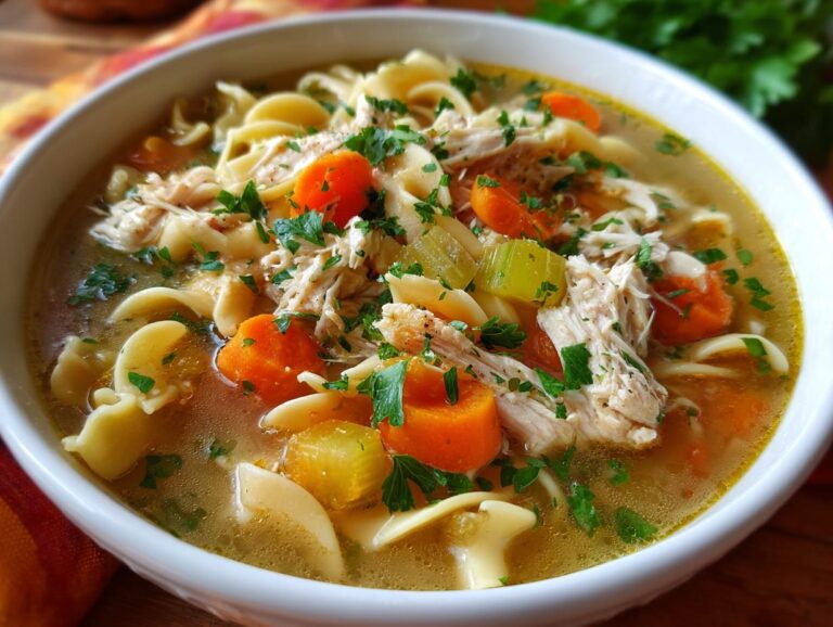 A close-up of a bowl of delicious leftover turkey soup, featuring shredded turkey, noodles, carrots, and celery, garnished with parsley.